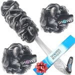 Loofah-Charcoal Back-Scrubber & Bath-Sponges by Shower Bouquet: 1 Long-Handle-Back-Brush Plus 2 Extra Large 75g Soft Mesh Poufs, Men & Women - Exfoliate with Full Pure Cleanse in Bathing Accessories