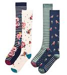 K Collection Ladies Ex Store Welly Socks - 4 Pack - Wellington Boot Socks - Floral, Bird Stripe Designs - Assorted Colours - UK One Size