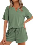 Ekouaer Womens Knit Pajama Sets Short Sleeve Sleepwear 2 Piece Loungewear Outfits with Pockets Grey Green M