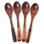 Honbay 4PCS Handmade Japanese Style Long Handle Wooden Soup Spoons with Tied Line on Handle for Travel, Picnic, Camping or Just for Daily Use