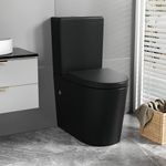 Robanmoa Matt Black Rimless Close Coupled Toilet WC Comfort Height Back to Wall Bathroom Toilets Ceramic WC Pan Dual Flush Cistern Soft Close Seat Round Flush to Wall Toilet