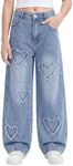 PATPAT Girls Jeans Baggy Wide Leg Sweet Heart Y2K High Elastic Waisted Loose Denim Pants for Kids with Pockets 13-14 Years