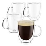 PunPun Large Coffee Cup Set of 4, Glass Mugs for Hot Beverages & Iced Coffee, Double Wall Glass Coffee Mugs