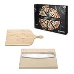 Navaris Pizza Stone Set (3 Pieces) - For Grill and Oven - Incl. Rectangular Cordierite Pizza Stone 14.8x11.8", Pizza Cutter, Pizza Peel, Recipe Book