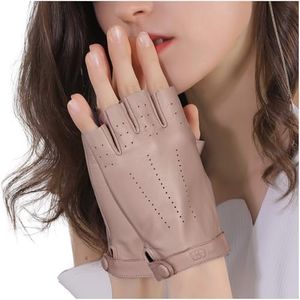 GSG Women Fingerless Sheepskin Leather Gloves & Half Finger Driving Gloves with Wrist Snap and Velvet Pouch & Soft Breathable Lambskin for Motorcycle Dance Cosplay Beige X-large