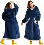 Bedsure Ovesized Wearable Blanket Hoodie, Long Sherpa Fleece Blanket Sweatshirt, with Warm Big Hood, Side Split and Belt, Navy, Small Teens