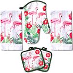 (Flamingo) - American Mills Kitchen Towel Set 5 Piece Towels Pot Holders Oven Mitt Decorative Flamingos