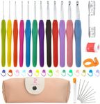 Crochet Hooks Set, RealPlus 12 PCS 2mm(B)-8mm(N) Ergonomic Crochet Hooks Set for Arthritic Hands, Ergonomic Soft Grip Handles, Crochet Kit for Beginners, Large Crochet Needle with Pink Case