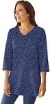 Woman Within Women's Plus Size Perfect Printed Three-Quarter-Sleeve V-Neck Tunic - 14/16, Navy Offset Dot