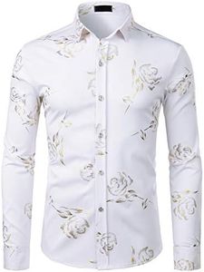 ZEROYAA Mens Hipster Gold Rose Printed Slim Fit Long Sleeve Dress Shirts/Prom Performing Shirts, Z56-white, Medium