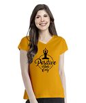 Pooplu Women's Regular Fit Positive Vibes Only Cotton Graphic Printed V Neck Half Sleeves Cotton Yoga T Shirt. Yoga, Pootlu, Gym, Exercise.(Oplu_Yellow_Small)