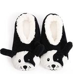 Splosh Women's Black Dog Slippers - Large adult dog slippers with a fun black and white design to keep you comfy in soft fluffy womens slippers. Soft sole slippers for women that are anti-slip!