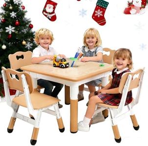 Garvee Modern Kids Table and 4 Chair Set,23" Height Adjustable Toddler Table and 4 Chairs with Non-Slip Desk Legs&Organizer Graffiti Desktop,Multi-Function Tables for Kindergarten/Living Room（Khaki