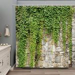 Stone Brick Wall Shower Curtain Green Leaves Garden Landscape Nature Plant Scenery Rustic Marble Rocks Stone Wall Bathtub Curtains Fabric Bathroom Accessories with Hooks 70Wx70H Inch