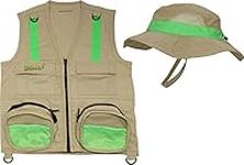 Eagle Eye Explorer Multi-Piece Set Cargo Vest with Reflective Safety Straps, 1 8x21 Magnification Binoculars and Safari Hat for Boys and Girls (X-Small, 2 Piece Set Tan Vest and Tan Hat)