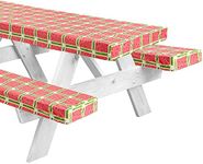 LINPRO 6ft Picnic Table Cover with Bench Covers Fitted Picnic Table Covers for Outdoor & Indoor with Elastic, Waterproof Camping Table cloth, Watermelon Vinyl Tablecloth for RV and Camping Accessories