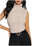 OYOANGLE Women's Crochet Hollow Out High Neck Sweater Vest Sleeveless Knitted Tank Tops Khaki Large