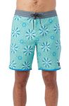 O'NEILL Men's 18 Tropical Print Boardshorts - Water Resistant Swim Trunks for Men with Quick Dry Stretch Fabric and Pockets, Aqua Wash | Cruzer Scallop 18, 28