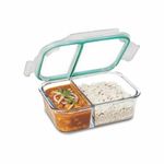 SignoraWare Slim High Microwave Safe Office Two Compartment Lunch Box Set | Borosilicate Glass | Safety Lock Airtight Tiffin Containers (600ml | Transparent)