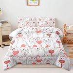 AILONEN Cute Cartoon Cat Comforter Set Full Size, Romantic Hearts Printed Kitted Bedding Set,Kids Girls Soft Microfiber Comforter with 2 Pillowcases,3-Piece for Bedroom