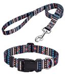 MarukoPet Dog Collar and Leash Set, Adjustable for Small Medium Large Dogs Puppy, Cute Design with Bohemia Floral Tribal Geometric Patterns Boys Girls Dog Collar(Black Bohemia Set,M)