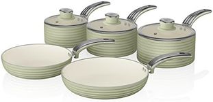 Swan SWPS5020GN Retro 5 Piece Aluminium Pan Set with Glass Lid, Non-Stick Ceramic Coating, Green