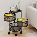 CHESTON Rotating Kitchen Storage 3 Layer Trolley | Portable Carbon Steel Kitchen Trolley with Wheels | Sturdy & Stable Kitchen Storage Rack for Fruits Vegetables Utensils (Black)