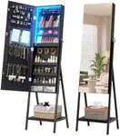 LVSOMT 3 LEDs Mirror Jewelry Cabinet, 60.4 Jewelry Mirror Full Length, Standing Lockable Jewelry Armoire Organizer, Floor Mirror with Storage for Jewelry Cosmetics, Brown