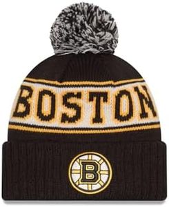 New Era NHL Unisex-Adult Primary Logo Retro Pom Knit Fleece Lined Cold Weather Beanie Hat (US, Alpha, One Size, Boston Bruins - Black)