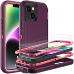 HONG-AMY for iPhone 13 Case/iPhone 14 Case, Heavy Duty Protection 3-Layers [Shockproof] [Dropproof] [Anti-Slip] Phone Cover [with 2 Tempered Glass Screen Protectors] (Purple/Pink)