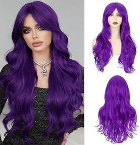 S-noilite Purple Wig 26 inch Long Wavy Purple Anime Cosplay Wig with Bangs for Girls Heat Resistant Synthetic Hair Women's Colorful Wigs for Halloween Costume Party