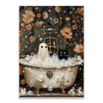 Vintage Halloween Posters，Funny Bathroom Canvas Wall Art，Ghost and Black Cat in Bathtub Prints，Aesthetic Halloween Pictures Wall Decor for Bedroom 12 x 16 in Unframed