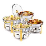 ROVSUN 5QT 4 Packs Chafing Dish Buffet Set Gold Accent,Round Stainless Steel Buffet Warmer Chafers and Buffet Warmers Sets with Glass Lid & Lid Holder for Catering Events Parties Weddings Dinners