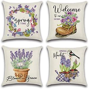 Artscope Set of 4 Waterproof Cushion Covers 45x45cm, Decorative Spring and Purple Throw Pillow Covers, Perfect to Outdoor Patio Garden Bench Living Room Sofa Farmhouse Decor