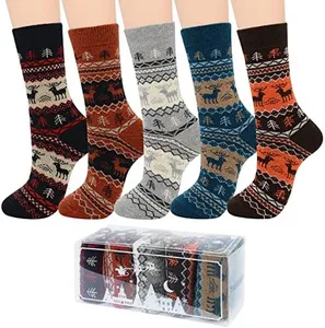 Century Star Christmas socks Wool socks for women Warm winter socks Nordic socks Fuzzy Socks with Gift Box 5 Pairs Christmas Deer One Size