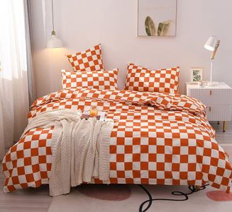 KAREVER Orange White Grid Comforter Set Cal King Burnt Orange Plaid Bedding Set Women Reddish and White Checkered Bed Comforter Set Breathable Blanket Set Men Durable Bedding Comforter Set