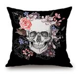 Skull Decorative Throw Pillow Cover, Pillow Cover 18x18 inch Sugar Flowers Skull Skeleton Halloween All Saints Day Black Room Decor for Living Room Couch Cushion Bed Indoor Outdoor Home Decor