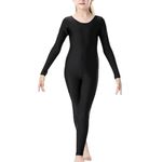 P&R DANCEWEAR LTD Girls Full Sleeve Footless Catsuit Scoop Neckline Footless Dance Unitard for Ballet, Dance, Acrobatics, Gymnastic Performance Black 13-14 years