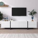 ABIN TV Stand 190x35x45cm, TV Stand Cabinet,TV cabinet, low panel with colorblocked legs in high-gloss white and black, with doors and drawers, doors with shelves. Simple line design (White)