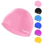 Nepfaivy Kids Swimming Cap Waterproof - Updated Size Silicone Swimming Hat Kids, Comfortable Anti Slip Boys and Girls Swimming Cap, Stretchable and Durable Swim Cap for Kids 6-14 Years (Pink)