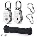 TooTaci M25 Pulley Block Set,304 Stainless Steel Pulley System,25mm Single Pulley Wheels with 20M/4mm Nylon Pulley Rope,2pcs Carabiner Hooks,Use for Hoisting Items Indoor Outdoor