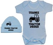 Acce Products Trainee Tractor Driver Baby Bodysuit/Romper & Beanie Hat - 3-6 Months - Blue