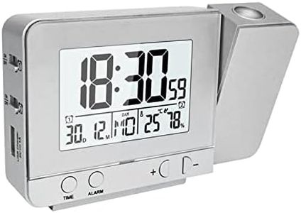 Projection Alarm Clock for Bedroom with Thermometer Hygrometer Digital Project Ceiling Clock Dimmable LED Display with USB Charger 180°Rotable with Dual Alarms 12/24H Snooze Silver