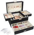 Jewellery Box Organiser, 3 Layer PU Leather Jewellery Case, Large Jewellery Organiser with Drawer, Jewellery Storage Case for Necklaces Earrings Bracelets and Rings, Black