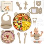 PERRYHOME Silicone Baby Feeding Set, 15pcs Baby Led Weaning Feeding Supplies for Toddlers, Kids Suction Silicone Plates and Bowls Set for Baby Gift (Beige)