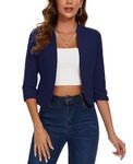 LADI TREND Women's Suit Jackets & Blazers Cropped 3/4 Ruched Sleeve Casual Blazer for Women Collarless (Navy M)