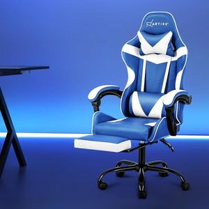 Artiss Gaming Chair Ergonomic Office Chairs Height Adjustable Leather Computer Desk Seat with Lumbar Support Footrest and 135° Recline, High Back and 360°-Swivel Seating Blue White for Executive Home