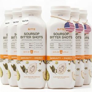 BITTE Soursop Bitters Liquid – Immune + Energy Shots – 6 Pack Ready to Drink Mango Soursop Juice with Zinc, Ginseng, Guarana & Turmeric – 24-Hour Support Ritual, Clean Formula, Glass Bottle – 96 fl oz Total