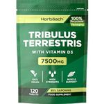 Tribulus Terrestris High Strength 7500mg | 120 Vegan Tablets | 95% Saponins | Tribulus Extract with Vitamin D3 | by Horbaach