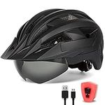 FUNWICT Adult Bike Helmet with Visor and Goggles for Men Women Mountain Road Bicycle Helmet Rechargeable Rear Light Cycling Helmet (M: 54-58 cm (21.3-22.8 inches), Black)